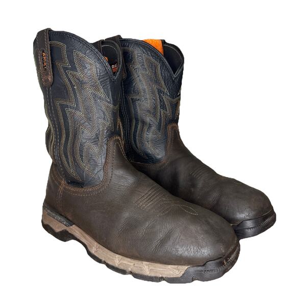 Ariat Mens 9.5D Boots Rebar Flex Brown Leather Square Toe Dry Shield Work - Picture 1 of 9